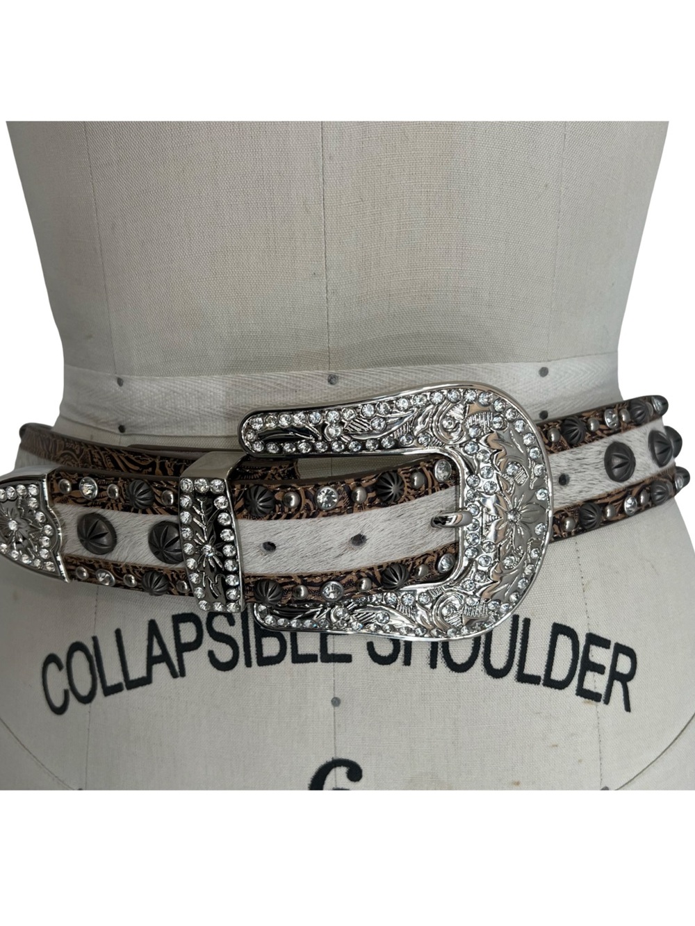 Rhinestone Western Cowhide Buckle Genuine Leather Belt White Brown Boot Barn